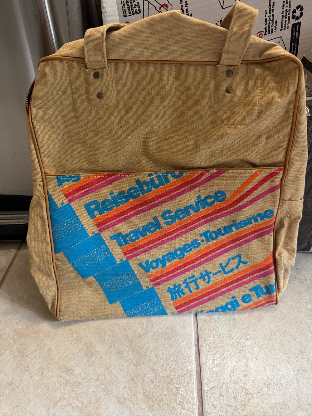 Canvas Travel Garment Bag – Tan with Blue & Orange Print